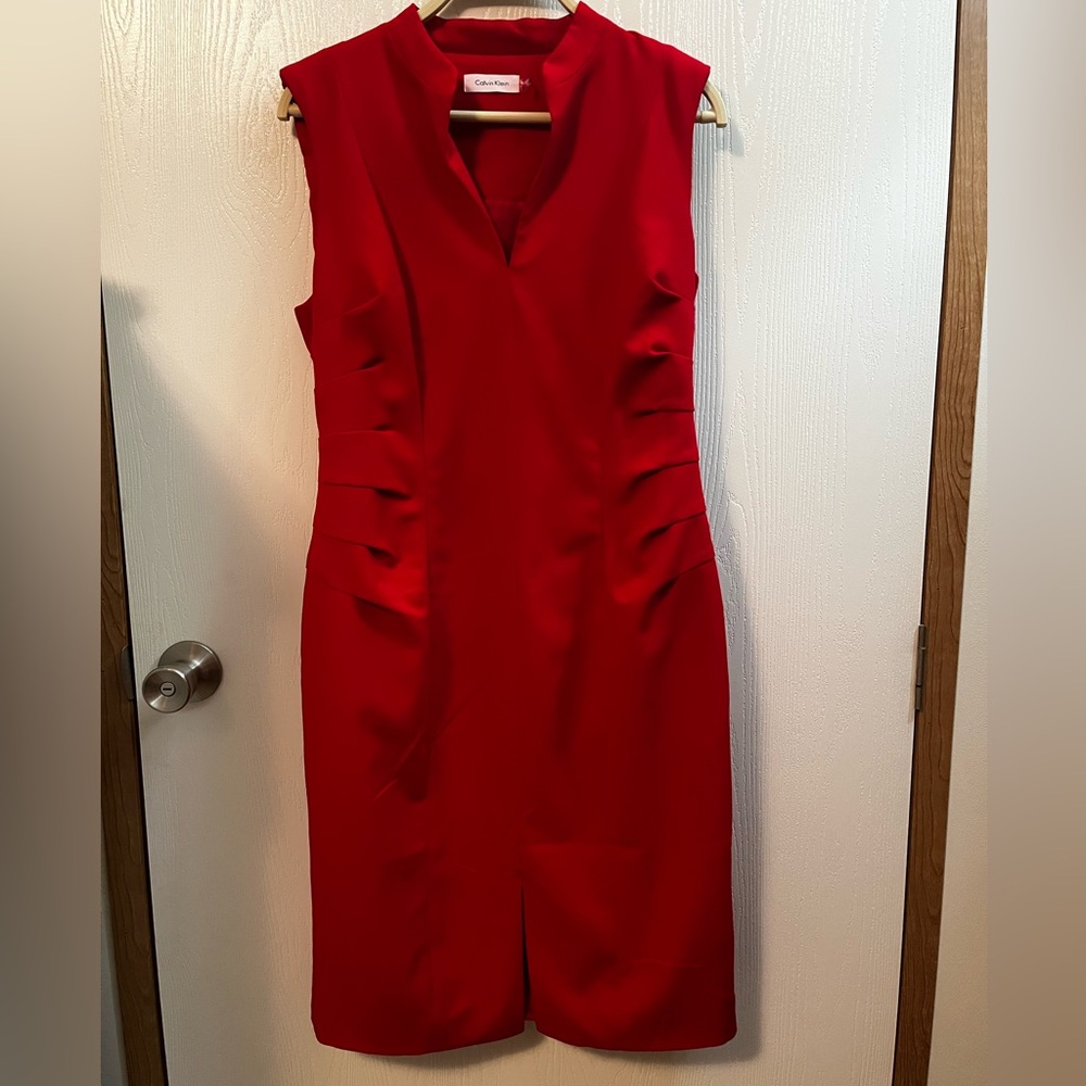 Calvin Klein Vibrant Red Sleeveless Midi Dress Front Slit Pleated Side Zipper 8